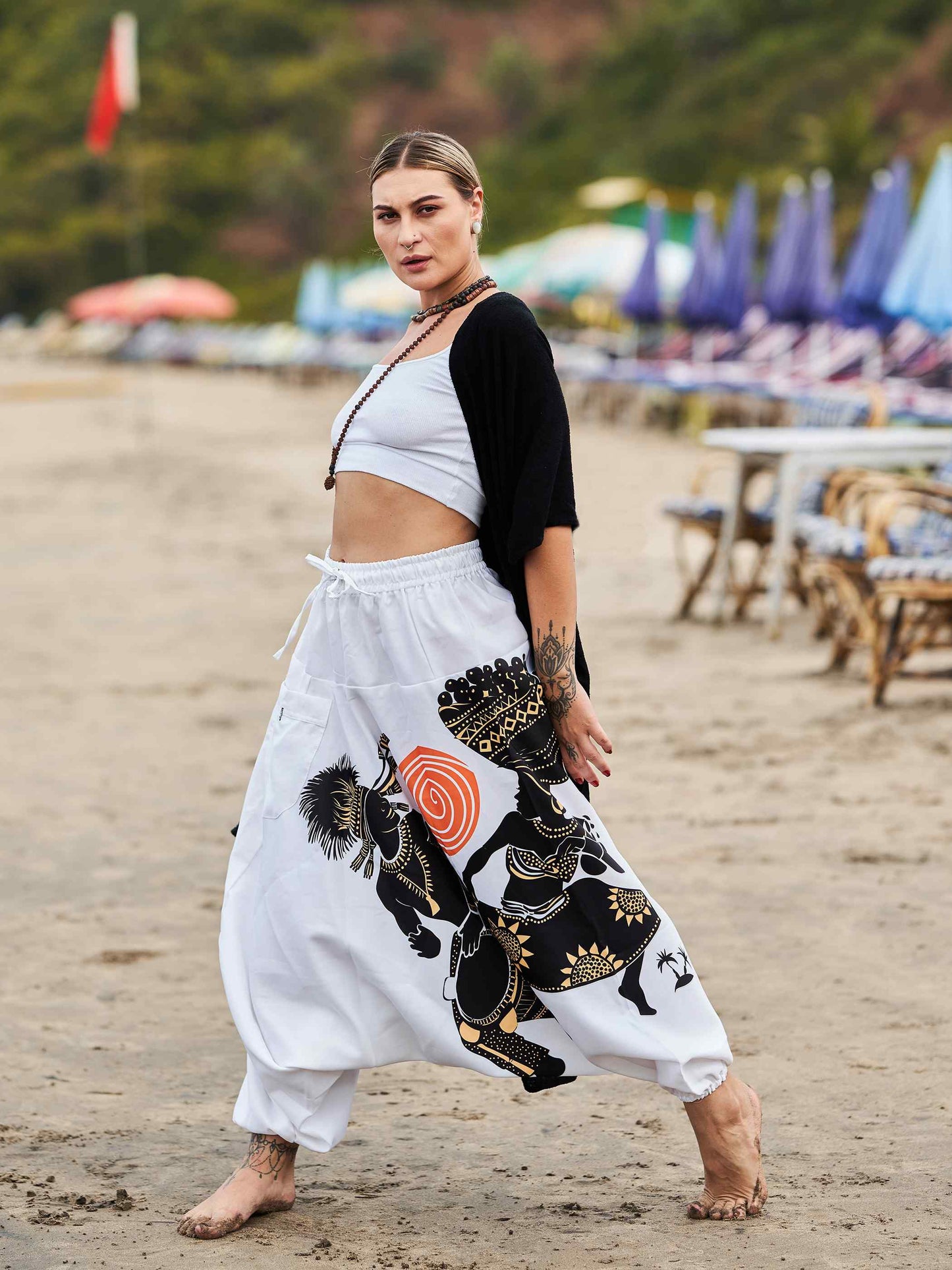 Buy Women's Tribal Playing Drum Print Baggy Balloon Aladdin Harem Pants