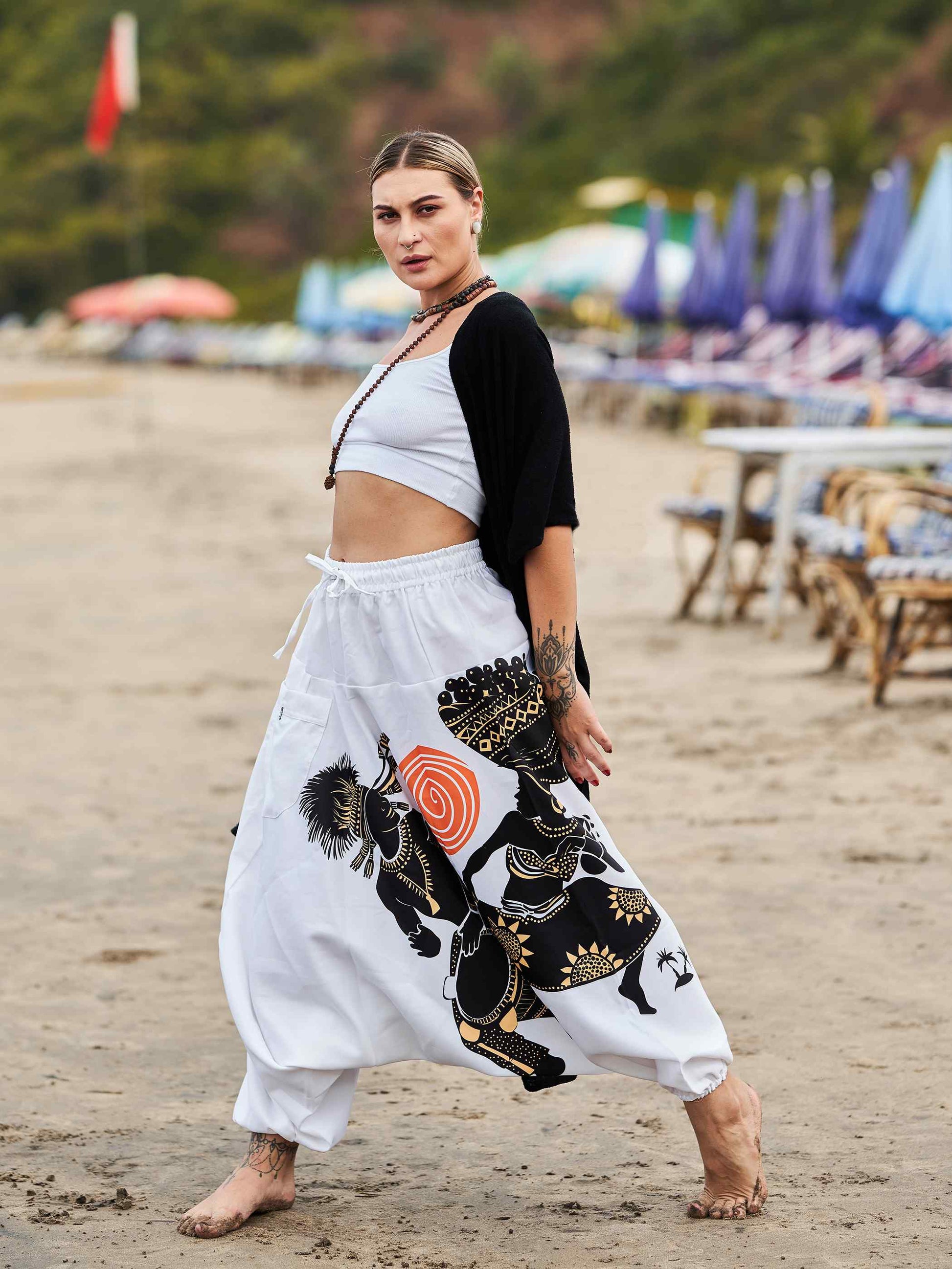 Buy Women's Tribal Playing Drum Print Baggy Balloon Aladdin Harem Pants