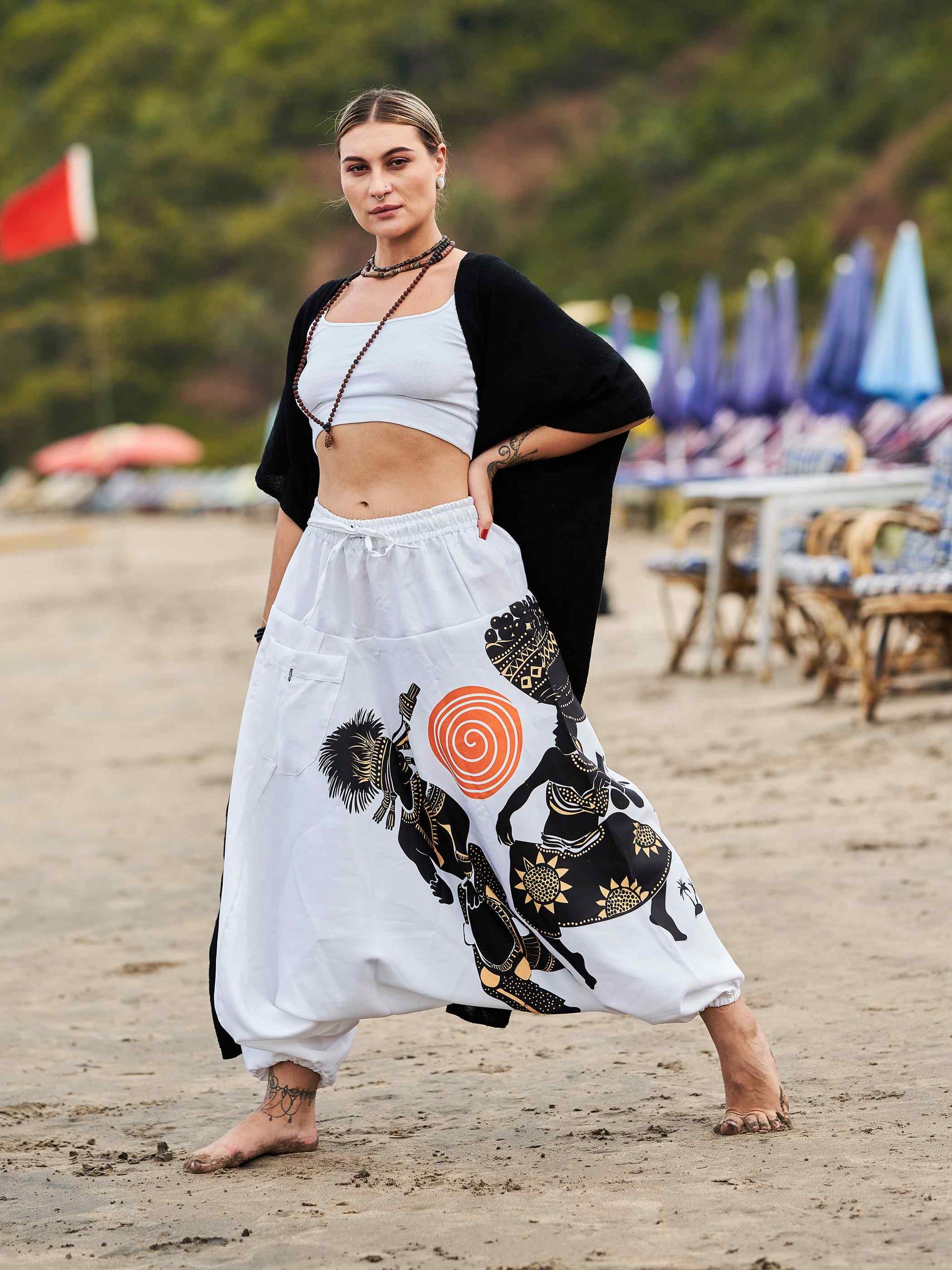 Buy Women's Tribal Playing Drum Print Baggy Balloon Aladdin Harem Pants