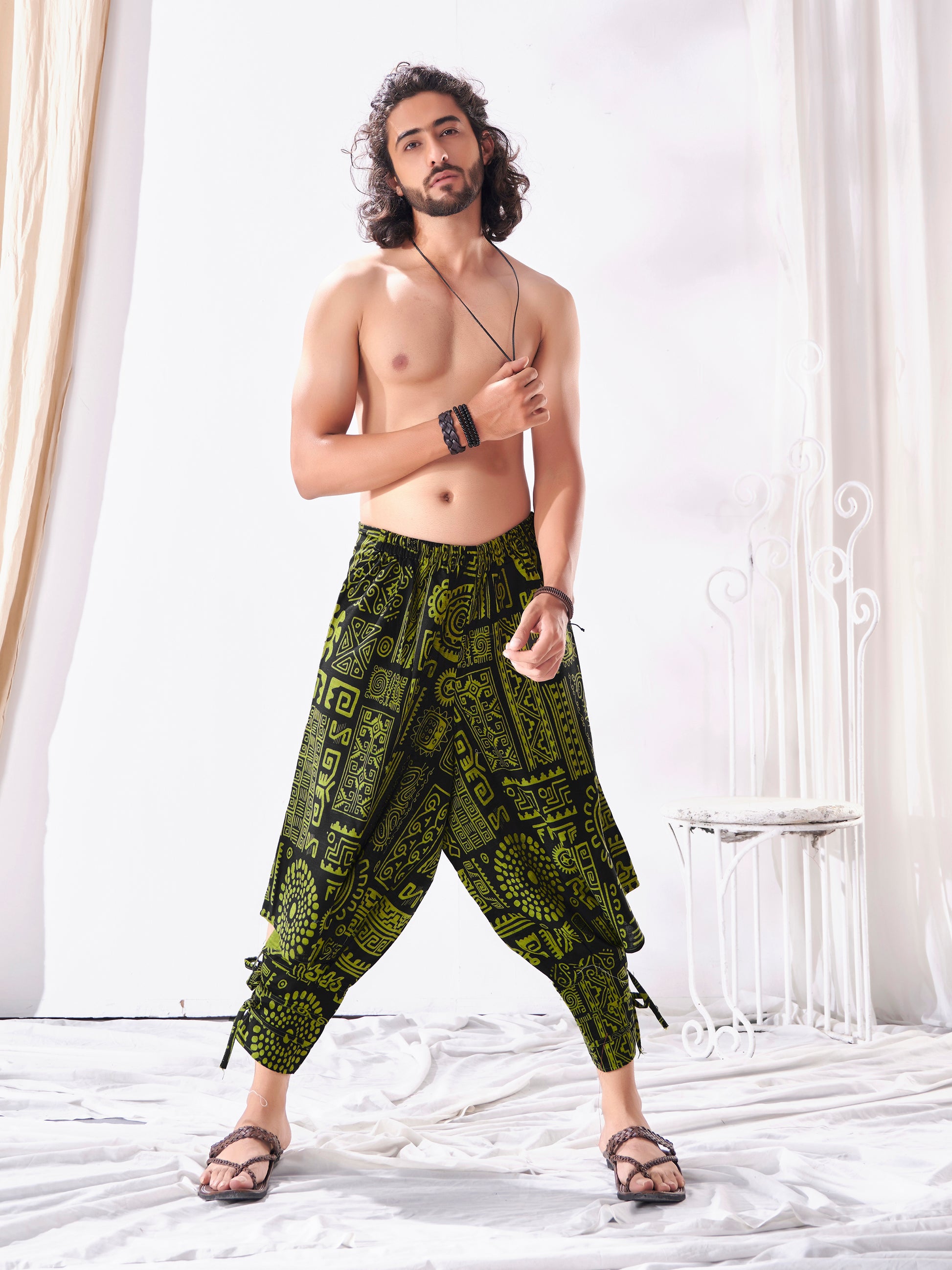 Men's Arabic Neon Green Baggy Boho Hippy Harem Pants For Travel