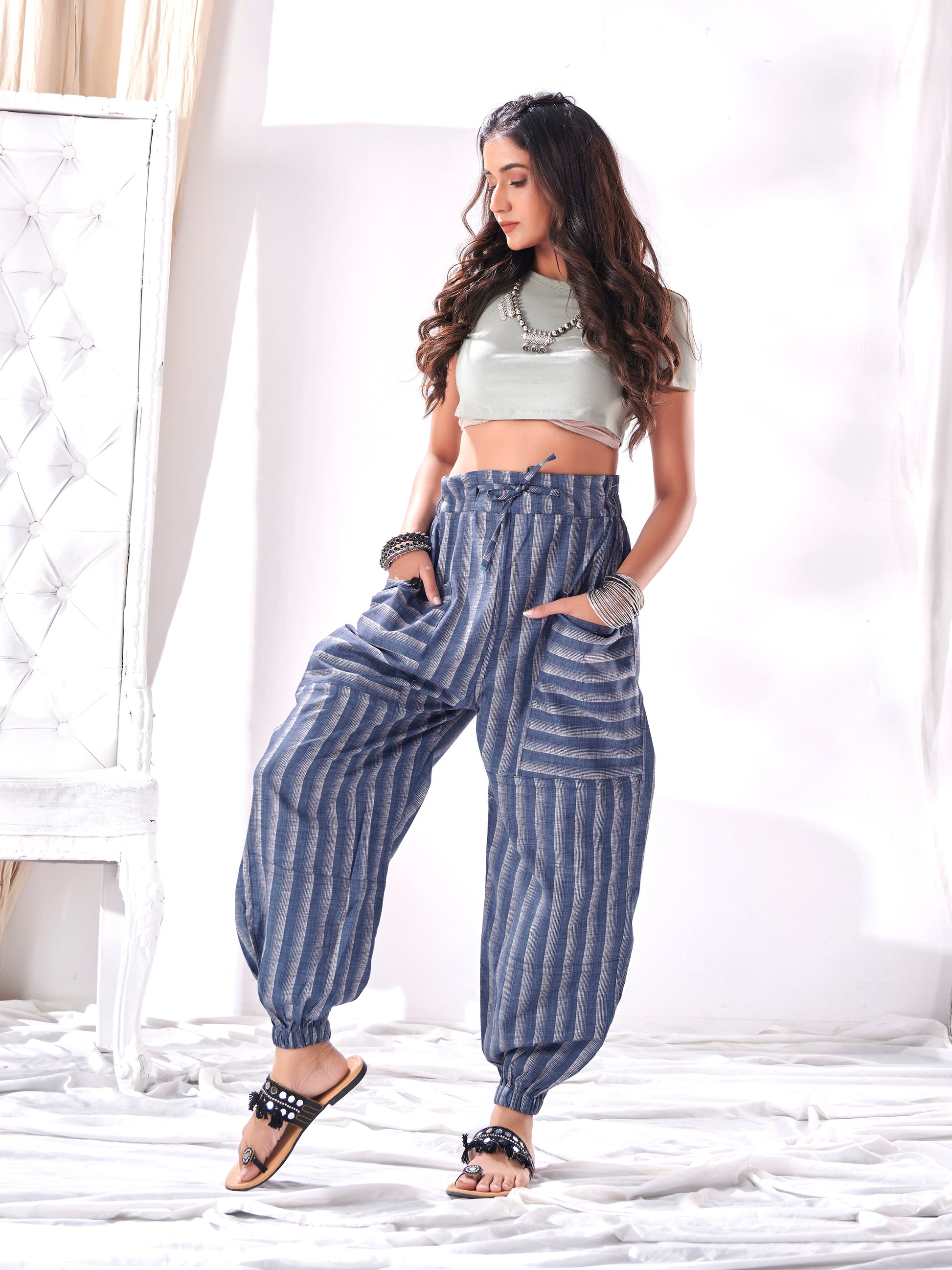 Buy Shades Of Blue Stripes Hoppers Harem Unisex Pants For Men And Women