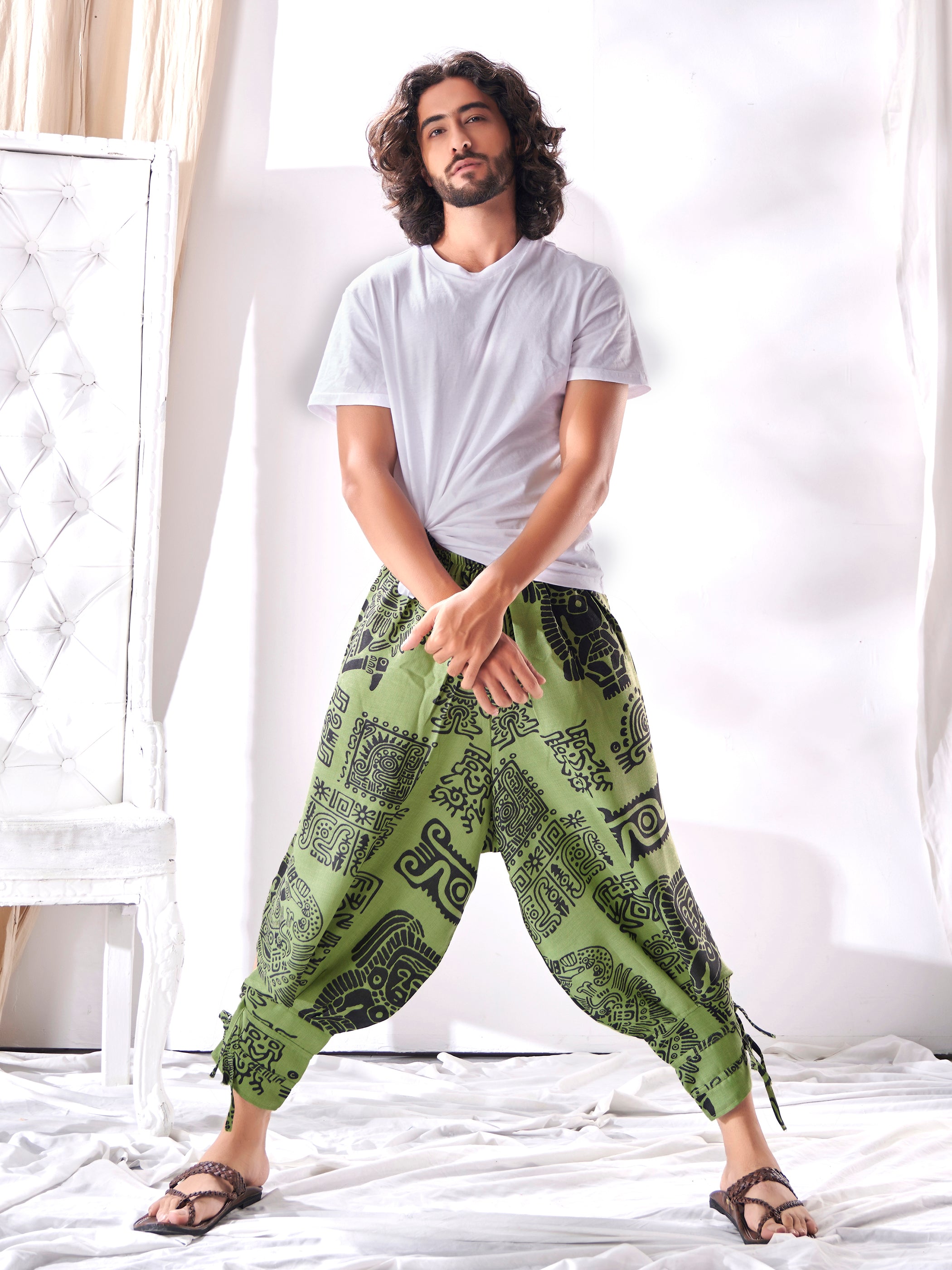 Aladdin Mens Drop Crotch Cotton Pants Green Yogi Ashtanga Asana Harem   AJJAYA