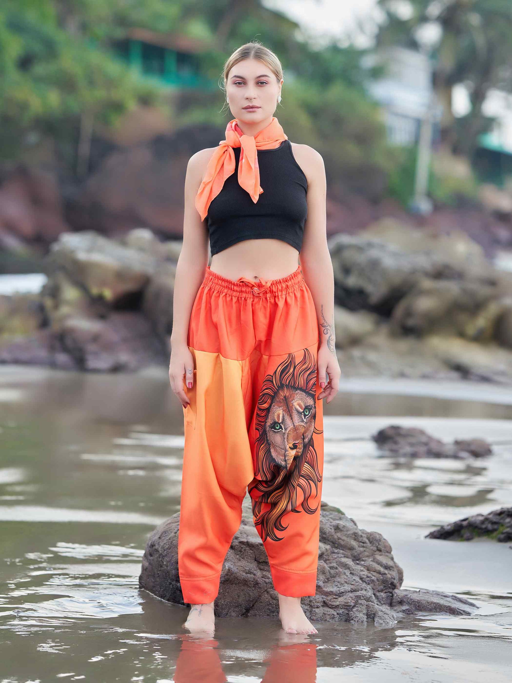 Orange Floral Print Thai Harem Pants