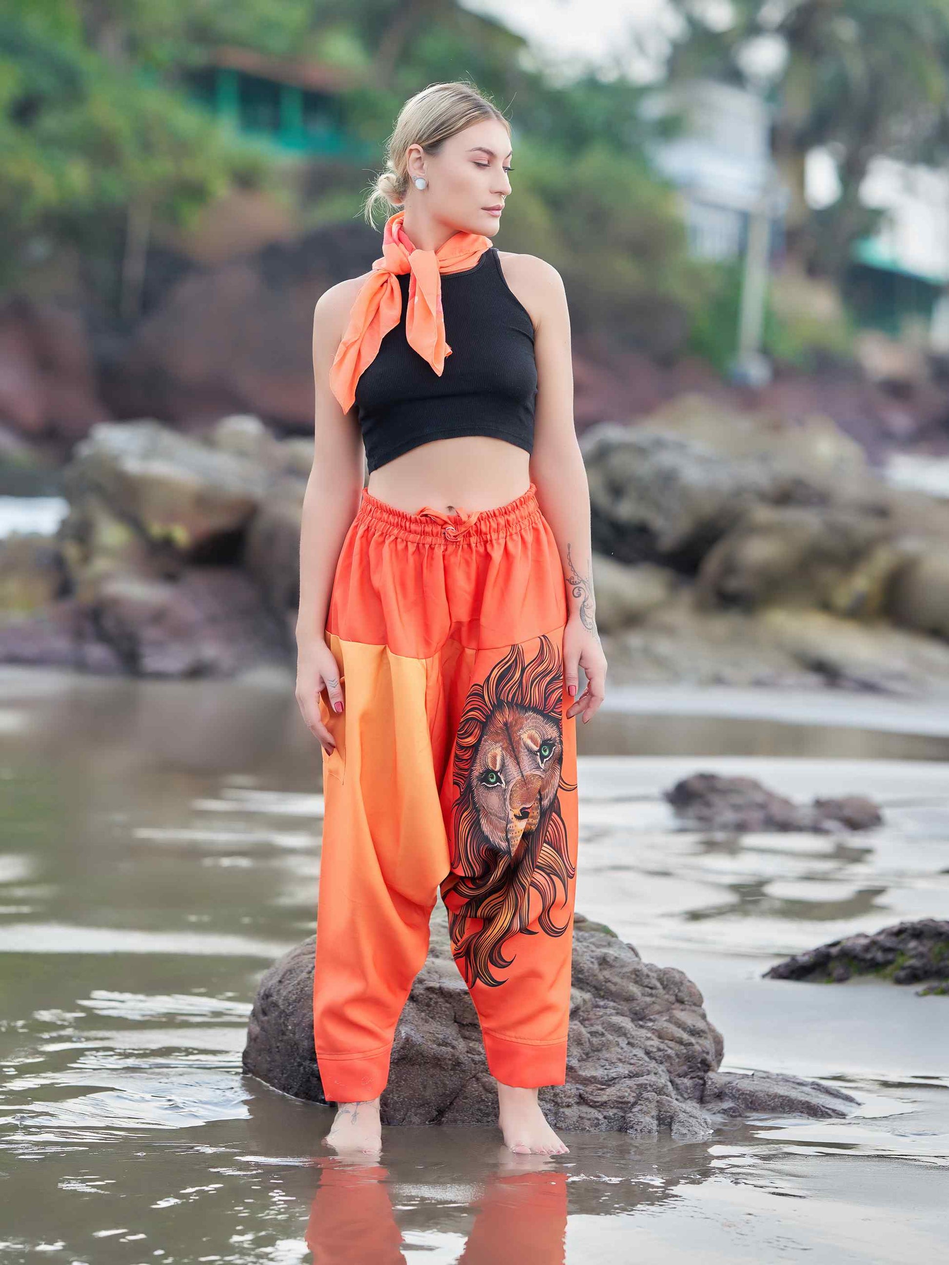 Buy Women's Artistic Orange Lion Bohemian Hippy Harem Pants For Yoga