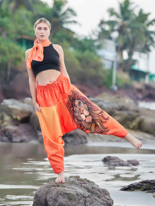 Buy Women's Artistic Orange Lion Bohemian Hippy Harem Pants For Yoga